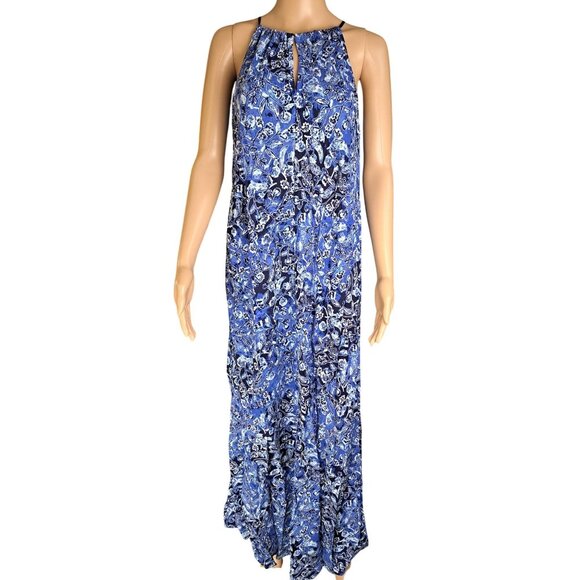 Lucky Brand Blue Floral Halter Maxi Dress Adjustable Tasseled Ties Size Large - Picture 6 of 10